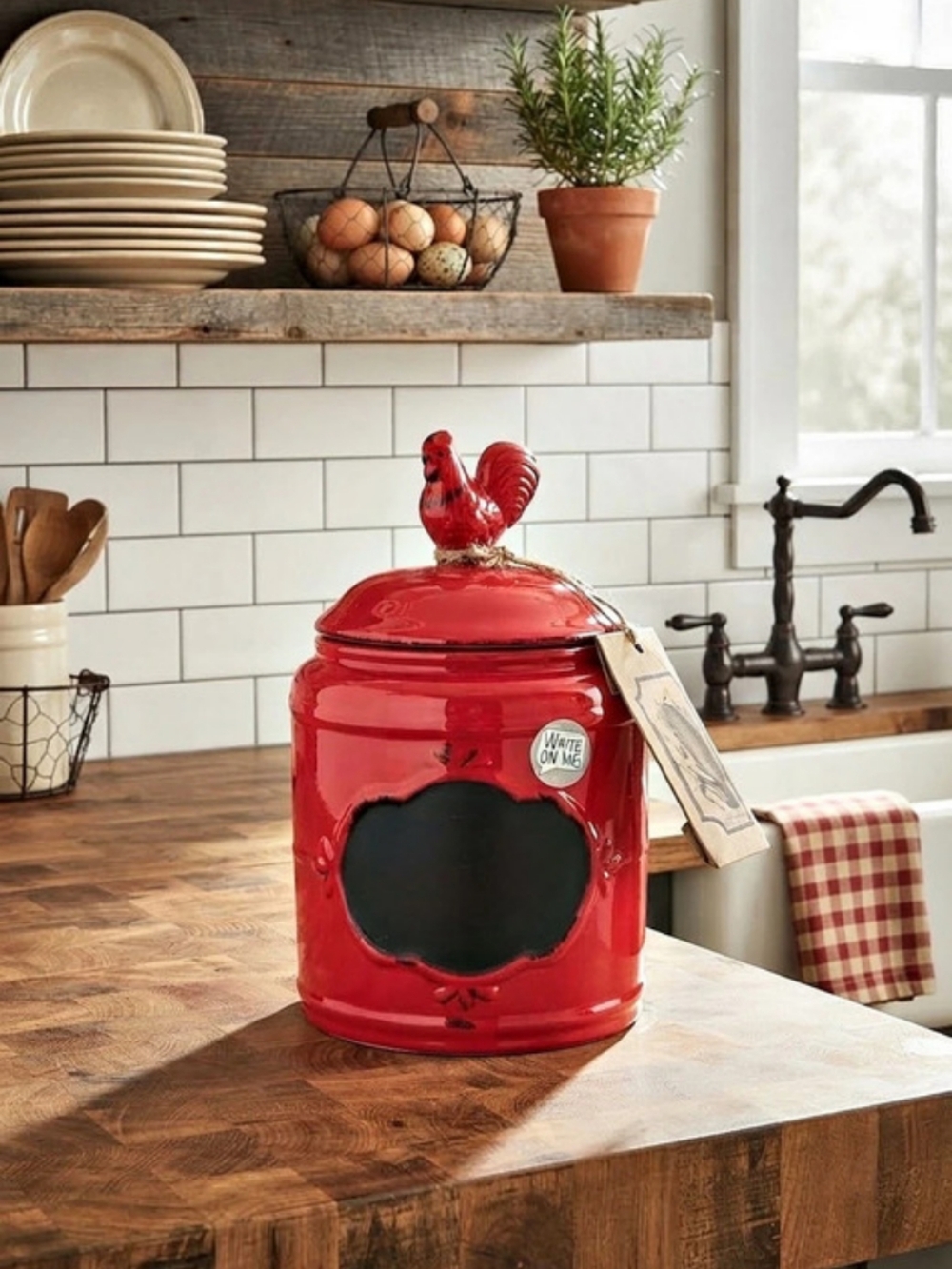 Farmhouse Red Rooster Ceramic Canister with Chalkboard Label